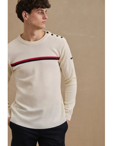 Pull marin en laine mérinos écru avec rayure pour homme en stock